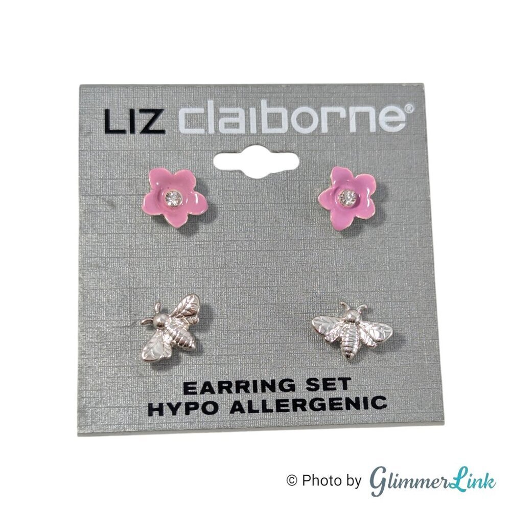 Liz Claiborne Silver Tone Stud Earring Set Pink Enamel Flower Bee Rhinestone NWT